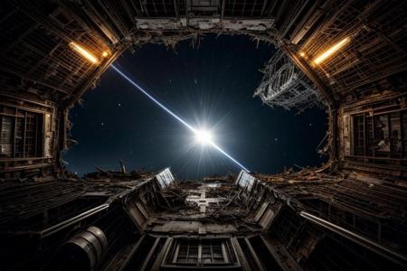A spaceship flies through space, arriving at the scene of a finished battle, surrounded by the wreckage of destroyed spacecraft, view from below, suspenseful atmosphere, ultra realistic, hyper detailed, sci-fy, cinematic lighting, highlights, gritty atmosphere, RAW, (realistic photo, best quality, detailed), (8k wallpaper), (cinematic lighting, dramatic lighting), (sharp focus, intricate), zzspczz