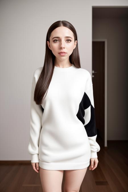 raw photo realistic, masterpiece, best quality, EstherP <lora:EstherPovitskyV01:1>,  solo,   <lora:polyhedron_skinny_all:.4>, very detailed symmetrical eyes, posing in a minimalist apartment,  long sleeve modern clothing , high resolution, 8k, photo, depth of field