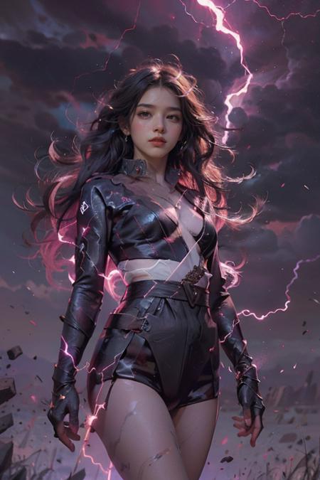 Best quality,masterpiece,ultra high res,,leilinggeng,lightning,,Lots of lightning,drawing,lightning elemental energy towards himself,<lora:leilinggeng:0.8>,Beautiful girl,(The body is wrapped in lightning:1.3),