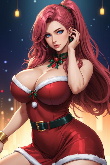 woman, (adult), solo, pink long hair, blue eyes, big breasts, red short Christmas dress, Christmas, bright colored lights, sexy pose, sexy face, (high quality), (best quality), (detailed), perfect lighting, detailed face, detailed body,