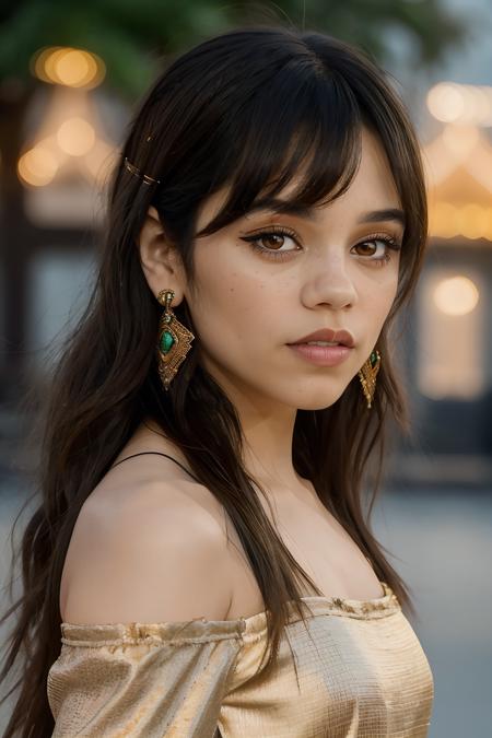 jenna_ortega_v4 wearing off shoulder dress, long hair, bangs, eyeliner, brown lips, brown makeup, skinny, 
brown off shoulder satin dress, 
medium shot, upper body shot, portrait, electric background, soft lighting, close up, 
 <lora:Jenna_Ortega_V4:0.7>, <lora:breastsizeslideroffset:-0.8>