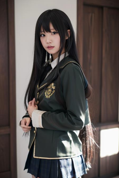 mikazuki yozora, 1girl, solo,cosplay,st. chronica academy school uniform,sidelocks, blazer, pleated skirt, plaid skirt, necktie, collared shirt,light brown shirt, wing collar,thighhighs, zettai ryouiki, hair ribbon, hair ornament,