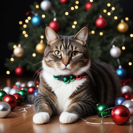 photography very realist of cat with lots of Christmas lights and Christmas balls around him, Christmas decor background