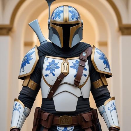 Super detailed high quality 32K resolution. A reimagined Mandalorian warrior standing proudly, adorned with a unique porcelain-inspired suit of armor. The armor retains the iconic Mandalorian silhouette, featuring sleek and angular plates, but is redefined with intricate blue floral patterns reminiscent of traditional Chinese or Delft pottery, seamlessly integrated across the glossy white surface of the armor. 
The helmet, instantly recognizable with its iconic T-shaped visor, is enhanced with golden accents tracing its edges, adding a regal and ceremonial touch. Golden embellishments continue along the chest plate, shoulder guards, and gauntlets, blending futuristic functionality with timeless artistry. The armor combines Mandalorian practicality with an elegant, almost royal aesthetic.
The background features a grand hall with ornate golden arches and subtle lighting, casting warm reflections off the armor's polished surface and highlighting the intricate floral designs. The soft, glowing light creates a dramatic contrast, emphasizing the combination of Mandalorian strength and traditional artistic beauty. A fusion of Star Wars legacy with classical artistic refinement, showcasing the Mandalorian in a completely new and breathtaking style. Created by Sasan.