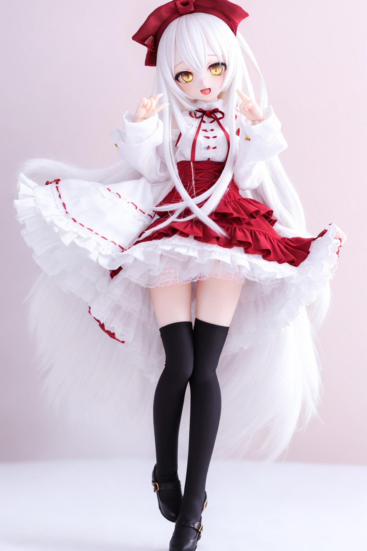 dd,doll,1girl, solo, thighhighs, long hair, white hair, white thighhighs, shoes, looking at viewer, open mouth, dress, yel...