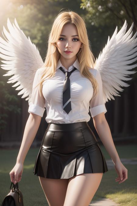 blondie as ang3l, long hair, blonde hair, shirt, miniskirt, necktie, slim body,
(feathered wings), 1girl,
<lora:Blondie-000010SDXLta:0.8> <lora:AngelXL:0.6>