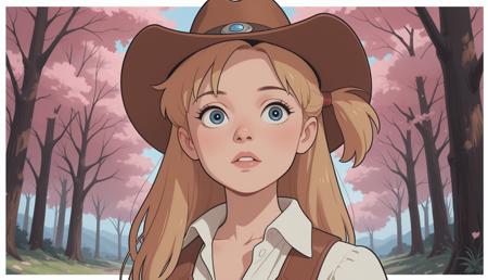 masterpiece, best quality, absolutely eye-catching, absurdres, newest, 1girl, woman, cowboy hat, one side up, dark blonde hair, blue eyes, cherry blossom forest, white border, outlined, studio_ghibli , m1nma_sty, minimalistic