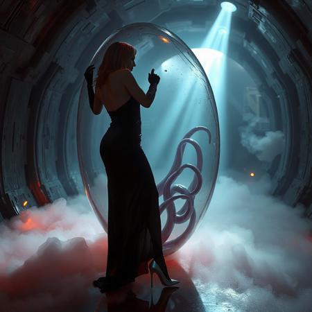 noble norvegian femme fatal lady  standing trying to break free from giant transparent slime egg  encasement,  wearing evening GLOSSY THIN black slime live tentacles gown, GLOVES  and high heels, , surrounded by  weird fog from the floor, captured in light beam from celling,  giant portal to outer space at background, breeding chamber,  ultrathin waisT, HORROR,  reminiscent of H.R. Giger, Zdzisław Beksinski, and Ash Thorp's dark, sleek styles, with close-up glamour photography, glossy satin and silver heels glistening, fleshy slime dripping, and dark shadows.