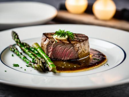 cinematic photography, RAW photo, closeup shot, closeup on subject, side view, ground shot, perfect round of fillet mignon steak, well marbled, cooked rare, dark caramelization on the top surface of the steak, nice char, pat of garlic herb butter on top, au jus, BREAK, side of mashed potatoes, side of grilled asparagus, all sitting on a white china plate, (steam rising from the food), bokeh, shallow depth of field, food photo, 8k, ultra sharp focus, intricate details, hyperrealism, DSLR, volumetric lighting, rim lighting, high quality, film grain, Fujifilm XT, SK_CINEMATIC