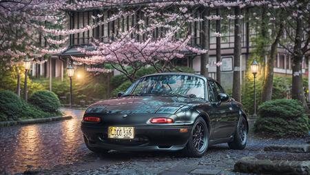 photo of matte black MazdaMiata under cherry blossom trees in kyoto at sunset, wet cobblestone street light reflections, high quality photo, lens flare, bokeh, 8k resolution, gobo lights, warm ambient light, volumetric light, neon lights, depth of field, analog, foggy atmosphere, lens flares, light bloom, portra 800 film,  <lora:MazdaMiatav1:.8>,  <lora:analogdiffusion_Lora300:.2>