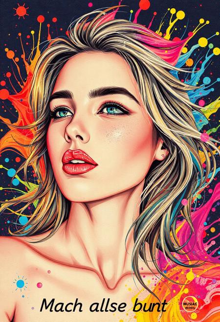 high quality design aesthetics, disco, synth pop, detailed, pop album cover, colorful splashes, flowing colors, beautiful young white woman, artist name "MUSAIC", album title "Mach alles bunt"
