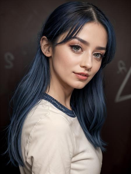 RAW Photo, professional color graded, BREAK portrait photograph of girl Jew3lzBlu, blue hair, pony tail, makeup, eyeliner, (wearing student uniform), ((classroom blackboard background)), sunset golden hour, sharp focus, HDR, 8K resolution, intricate detail, sophisticated detail, depth of field, analogue RAW DSLR, photorealistic, looking at viewer, <lora:detailed_eye:0.8>, <lora:Jew3lzBlu:0.85>, <lora:quickfix:1>