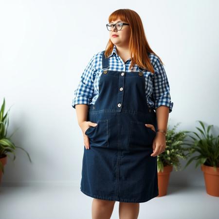 full body shot of a chubby adult woman with long straight bangs, glasses, a blue gingham button down shirt and a dark denim overall dress, and pink flip flops cottage-core style blog post