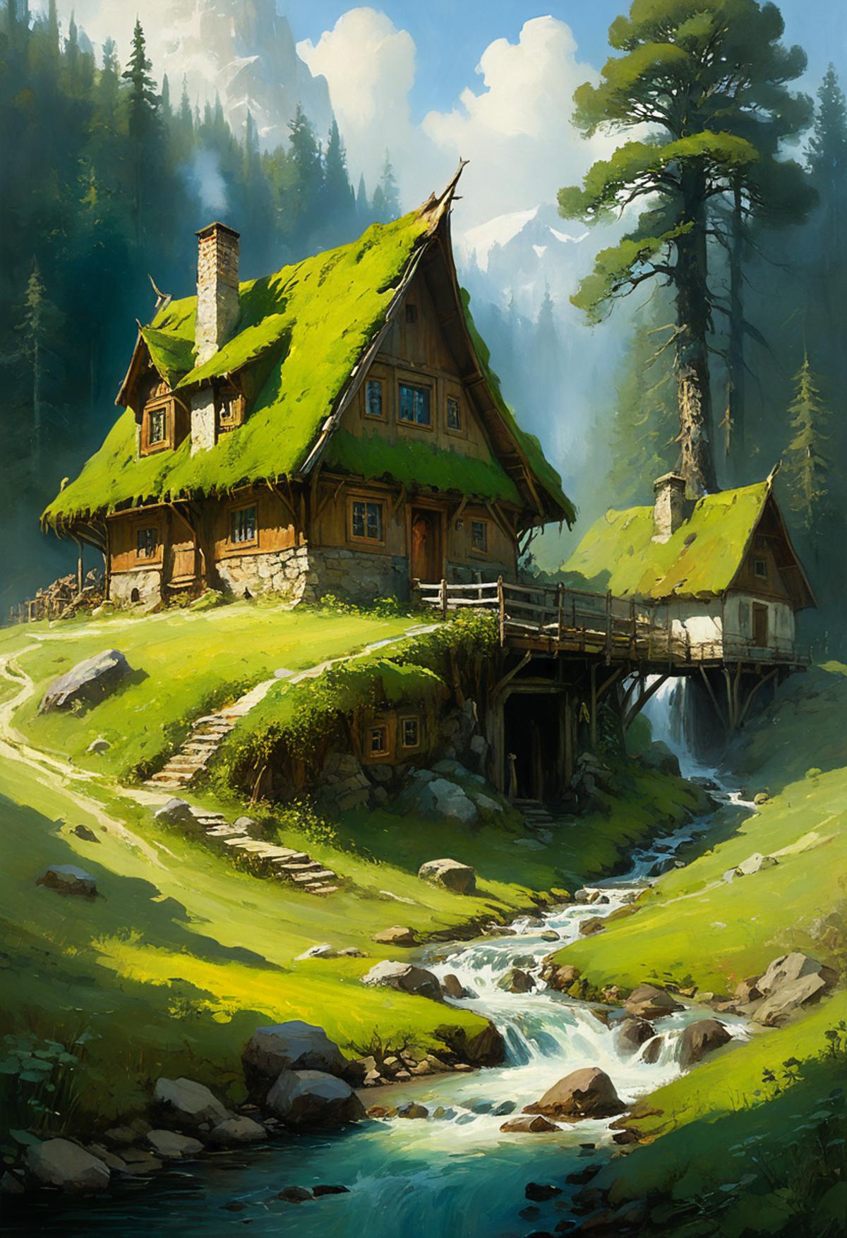 A painting of a house with a bridge and a waterfall.