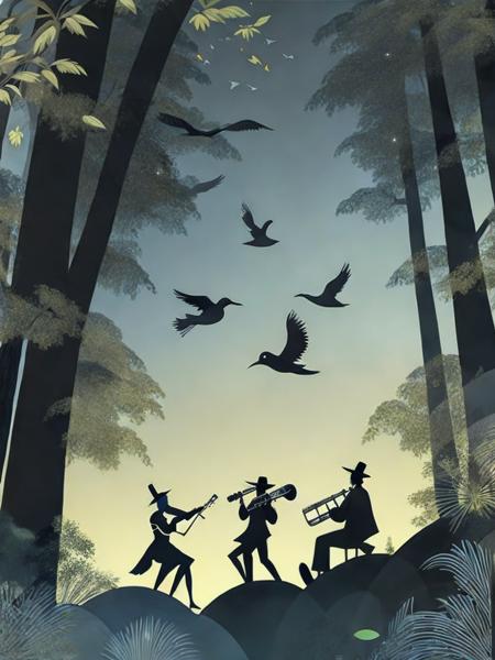 <lora:LotteReiniger:1>a group of people playing musical instruments in a forest with birds flying overhead by Lotte Reiniger