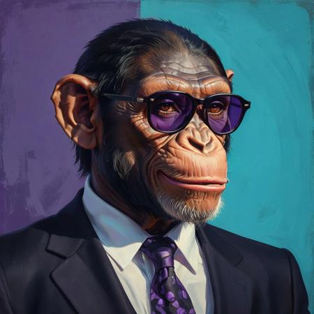 closeup portrait of a chimp wearing black suit, highly detailed, evocative, high contrast, purple and turquoise color blocks as the background, retro style sunglasses, smile face