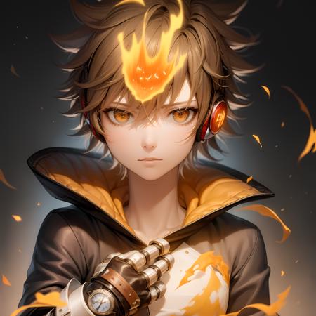 ((masterpiece, best quality)),(complex lighting),tsuna sawada , solo, 1boy,  <lora:Tsuna_Reborn2-10:0.6>, brown hair, fingerless gloves, 1boy, brown eyes, upper body, headphones, male focus, flame headwear,gem,