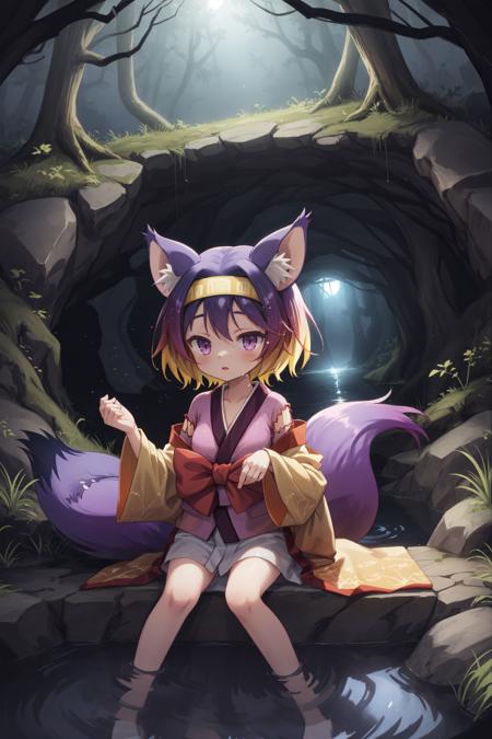 <lora:izuna v2:1> hatsuse izuna, short hair, wide sleeves, sarashi, yellow hairband, tabi, short kimono, gradient hair, fox tail, 1girl sitting, dark underground cave, dripping, mysterious atmosphere, hidden tunnel, faint light source, distant sounds, subterranean lake, moist walls