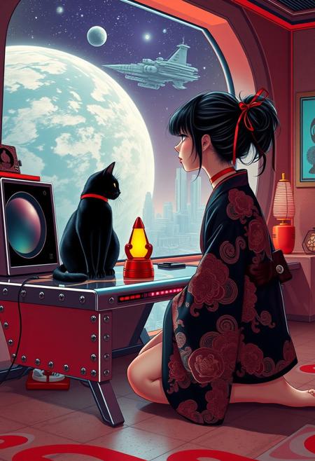 YFG-Asak Surreal Pop Art Style, a bright, whimsical scene of A sleek black cat with red collar sits on a cluttered metal riveted desk with transparent top and led lit computer components visible inside, On the desk are a maneki neko statue and a lava lamp, the Black cat is looking out of a seamless and futuristic floor to ceiling window that looks out at a planet from low orbit, (((a beautiful woman, 24 years old, is kneeling Japanese style next to the cat looking out the window, the woman is dressed in an ornate Japanese style bath robe. An enormous deco-cyberpunk starship with futuristic lighting and an enormous space station are visible in the background among the stars, The woman's hair is messy from just waking up and tied up with a ribbon. Artistic cyberpunk, dynamic perspective, (((overall architectural aesthetic is Art Deco Cyberpunk))).  Epic image that elicits a feeling of wonder and awe,  all set against a striking, abstract background with bold, geometric patterns.