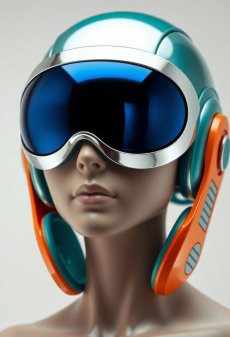 The figure's head is encased in a streamlined helmet, predominantly chrome with teal accents. The helmet appears highly polished, with a smooth, almost glossy finish. Integrated into the helmet are large, circular, reflective lenses that cover the eyes entirely. The lenses glow with blue hue, giving off a cool, futuristic aura. These oversized goggles suggest an augmented reality or heads-up display function, typical of high-tech environments. Around the figure’s ears are sleek, futuristic headphones, which are seamlessly built into the helmet design. These headphones are primarily orange with grey, horizontal stripes along the side, indicating an interface for communication or audio enhancements. The skin tone appears smooth and artificial, hinting at synthetic or modified human characteristics