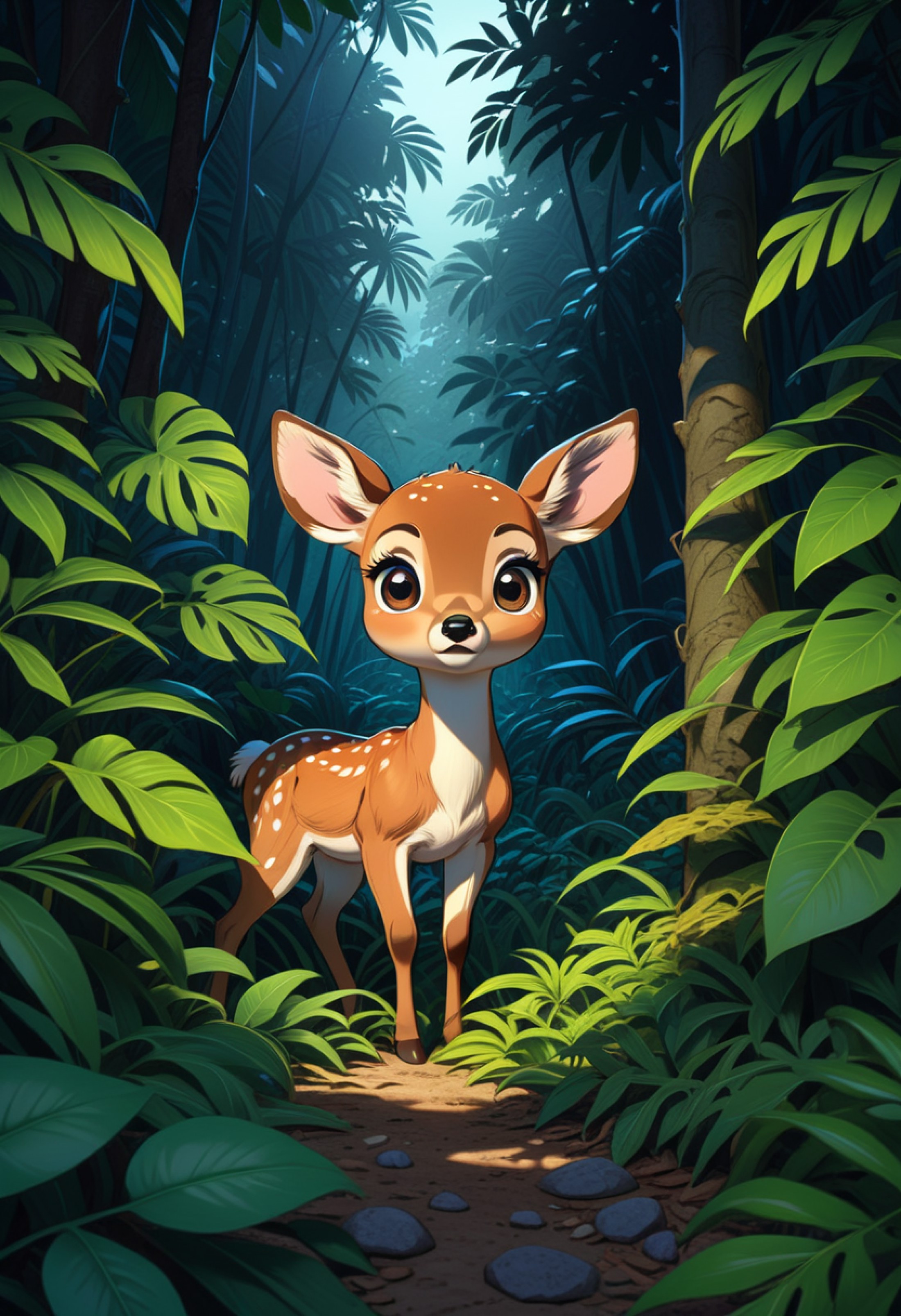 digital cartoon, art, 3d render, cartoonstyle, with wide shot of a dark jungle scene,face of a baby deer hiding between th...