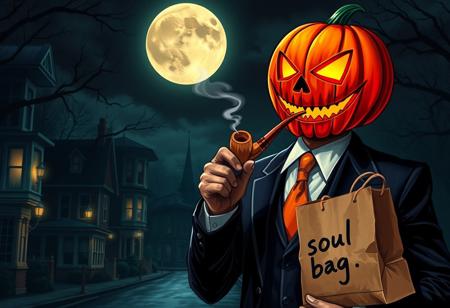 realistic, Halloween time, dark streets, beautiful houses, night, big moon,  jackolantern malicious, false smile, elegant suit, orange tie, smoking a pipe, expressive, a paper bag with the text "soul bag" handwrite, street lights, shadows,