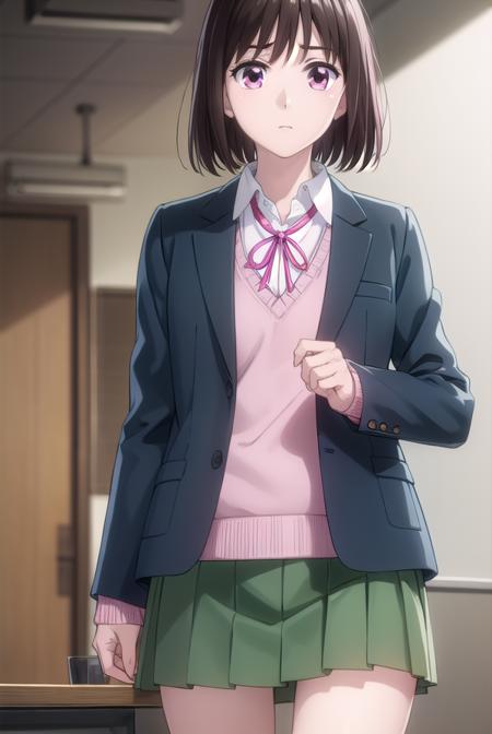 ichikaarima, <lora:ichika arima s1-lora-nochekaiser:1>,
ichika arima, short hair, brown hair, (pink eyes:1.3),
BREAK skirt, shirt, long sleeves, ribbon, school uniform, jacket, white shirt, pleated skirt, socks, collared shirt, red ribbon, kneehighs, neck ribbon, blazer, green skirt, black socks,
BREAK indoors, classroom,
BREAK looking at viewer, (cowboy shot:1.5),
BREAK <lyco:GoodHands-beta2:1>, (masterpiece:1.2), best quality, high resolution, unity 8k wallpaper, (illustration:0.8), (beautiful detailed eyes:1.6), extremely detailed face, perfect lighting, extremely detailed CG, (perfect hands, perfect anatomy),