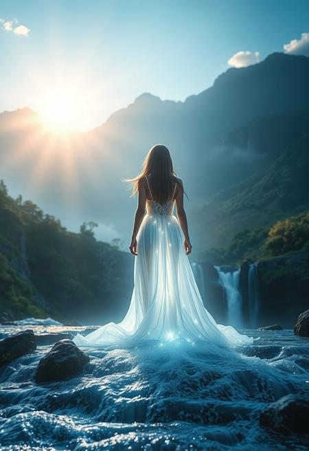 An ethereal girl glowing in radiant white light, her long, flowing dress blending seamlessly with cascading water, as if she and the liquid are one. She stands in a breathtaking, cinematic landscape—lush greenery, towering mountains, and a glowing horizon. Her presence illuminates the scene, godrays piercing through the atmosphere, creating a celestial, painterly effect. The composition blends fantasy and reality, with hyperrealistic details, vivid colors, and a dramatic depth of field. Captured as a high-resolution photograph, this masterpiece combines elements of ethereal fantasy and cinematic photography, evoking a sense of magic, majesty, and the circle of life. Dark yet atmospheric, with intricate details, glowing effects, and a dreamy, otherworldly vibe—perfect for a cover art or ultra-detailed wallpaper