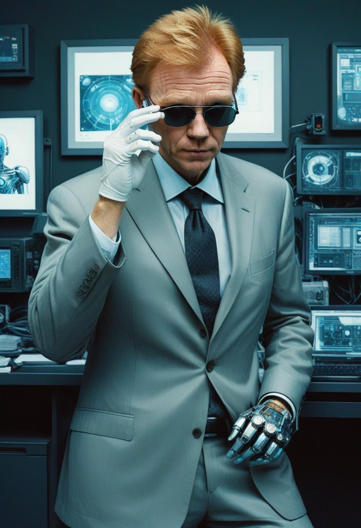 A man wearing a suit and tie, holding a cell phone and sunglasses.