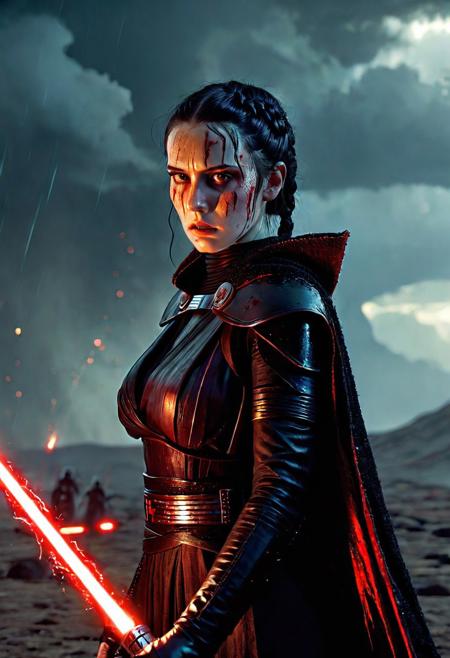 A beautiful Dark Sith lord with braided black hair stands defiantly amidst a raging storm on a desolate battlefield. Her Sith robe are intricately detailed and reflect the flickering light of distant fires, Star Wars style, The light of battle illuminates her determined expression as she prepares to face the dark enemy, holding the Red Lightsaber in his hand, Close up. Star Wars art style, Standing on a battlefield at the head of an army of Dark Siths, where a bloody slaughter is taking place, standing in battle pose, cinematic lightning, intricately detailed black and red Sith robe, The scene is reminiscent of a Greg Rutkowski concept art piece, realistic pale freckled face covered in blood, with dramatic lighting and a dark, curvy, looking at viewer, gritty atmosphere, Ultra-detailed, Raytracing reflections, High contrast, beautiful Dark Sith lord, beautiful firm body, girl athletic figure, (the pale face is very similar to Wednesday: 1.6), oranges, and greens, attractive 21 years old woman, cinematic lightning, Cinematic film still, Medium shot. Best quality, Masterpiece, The scene is reminiscent of a Greg Rutkowski concept art piece, realistic pale freckled face covered in blood, with dramatic lighting and a dark, gritty atmosphere, asymmetrical balance
