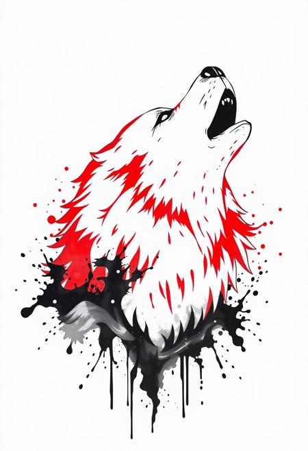 White background, a Wolf's head breaks through the background, the top half of the Wolf's head is a big splash of red ink, the bottom half of the Wolf's head is a big splash of black black ink, ink rendering