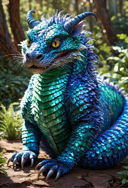 Subject: Glimmerwurm, Fantasy World. prompt: A Glimmerwurm, unique creature, photorealistic, shimmering fur, iridescent patterns, glowing blue stripes, camera angle: overhead. Lighting: warm sunlight, soft shadows, colors: earthy tones, rich greens, deep blues. Drawing style: Realistic, Impressionist, Watercolor. Best quality, professional, Portrait, photo shoot,