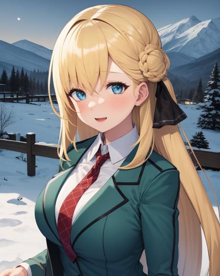 best quality, (masterpiece:1.2), illustration, absurdres,
(1girl, solo, beautiful detailed girl),  (upper body, portrait),
<lora:AgnesUniform-000010:0.9>,  Agnes Claudel, blonde hair, long hair, low-tied long hair, hair ribbon, blue eyes, large breasts, 
green school uniform, red necktie, black pleated skirt, black thighhighs, brown loafers,
happy, looking at viewer,
snowy mountains, night, winter, snow, snowflakes, distant pine forest, snowy forest, distant village, distant lights,