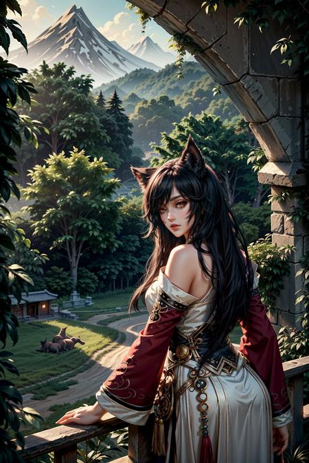 (masterpiece, best quality:1.3)
<lora:epi_noiseoffset2:1> <lora:add_detail:0.7>  <lora:AhriLeague:0.8>
AhriLeague, fox girl,  1girl, solo, long hair, Midday, Lush Greenery, Terraced Landscape, Local Farming Attire