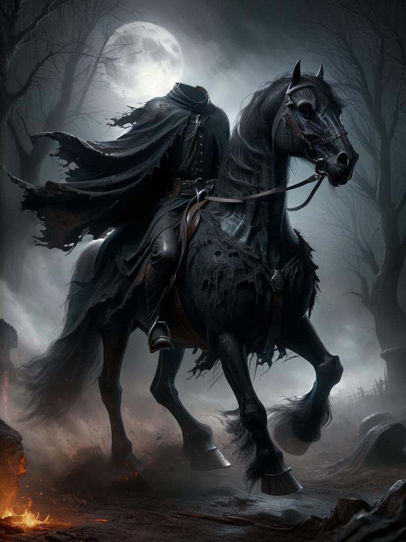 A person riding a horse in a dark and foggy forest.