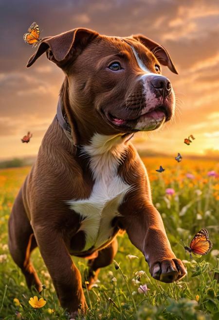Brown pitbull puppy frolics in a sunset-drenched, vibrant wildflower meadow, intricate lighting capturing the playful dance with flittering butterflies, macro photography revealing incredible detail, nuances alive with high quality UHD, pen and ink finesse, a composition rivaling art trends on Artstation, captured in 8K photorealism, volumetric lighting creating a cinematic tableau, octane