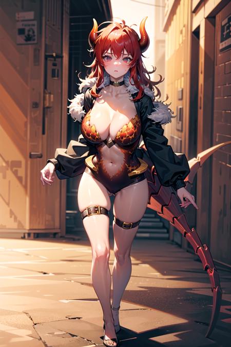 (detailed face and eyes:1.3),full body,
<lora:niji_dola-10:1>,niji_dola,dola \(nijisanji\),dragon girl,solo,red hair,horns,red eyes,dragon horns,large breasts,cleavage,blush,hair between eyes,dragon tail,tail,navel,thigh strap,collarbone, choker,huge breasts,
Ultra-detail,(highres:1.1),best quality,(masterpiece:1.3),cinematic lighting,