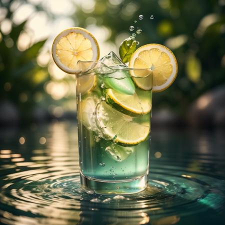 (8k, RAW photo, best quality, masterpiece:1.2),(realistic, photo-realistic:1.37),lemonade,(shiny background:1.2),green theme,water surface, <lora:cosmetics_v2:0.5>,solo focus,Product Feature