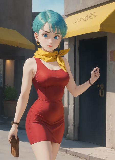 masterpiece, best quality, highest quality, (perfect illumination:1.4), (photorealistic), perfect anatomy, perfect face, perfect eyes, 
 <lora:bulmadbzreddress_ex_04_galena3ep:0.9> bulmadbzreddress, aqua hair, short hair,  blue eyes, earrings, red dress, yellow scarf