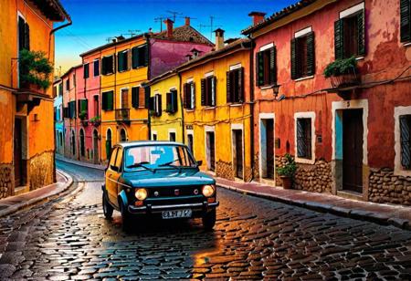 ASCIINighttime scene, dusty roads, italian-style fiat 127 car advancing through a cul-de-sac italian quarter, wooden single-storey self-made houses frame the street, chiaroscuro effect, digital painting, silhouetted figures, moody atmosphere, warm and cool color contrast, masterpiece by van gogh, 4k textures, ultra detailed