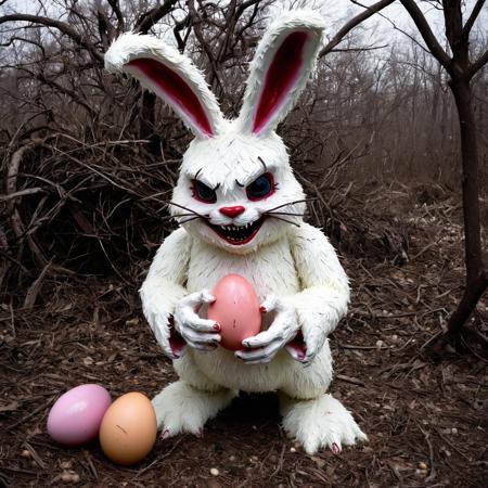 The evil Easter bunny is a grotesque creature its once fluffy white fur now matted and stained with blood, Its eyes gleam with malice reflecting the twisted joy it finds in terrorizing its victims, Its long sharp teeth protrude from its snarling mouth ready to tear into flesh, It dwells in an abandoned dilapidated Easter theme park where once cheerful rides now creak eerily in the wind, overrun with overgrown vegetation casting sinister shadows over faded pastel-colored eggs and cracked weather-beaten decorations, The air is thick with the scent of decay mixing with the sickly sweet smell of rotting candy left behind by unsuspecting visitors, Within the decaying confines of the park the evil Easter bunny stalks its prey hiding amongst towering pastel-colored egg sculptures and twisted thorn-covered bushes shaped like Easter baskets, Its lair is a dark labyrinthine warren of tunnels and chambers lined with the bones of those who dared to enter its domain, Despite the once joyful themes of Easter in this twisted reality the holiday is a nightmare with the evil bunny at its center spreading fear and despair with every hop