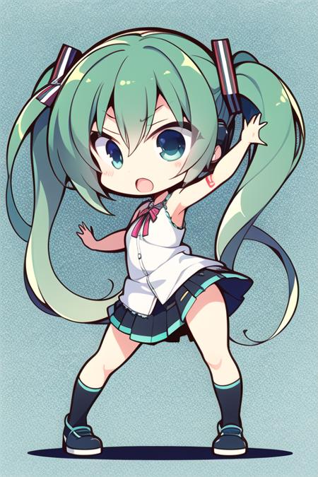 masterpiece, best quality, 1girl, <lora:yuzusoft-chibi:1>, solo, chibi, simple background, dynamic pose, full body, hatsune miku