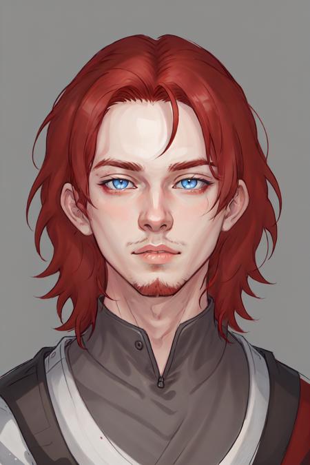 James Reid Ellis-Finn,  solo,  looking at viewer,  blue eyes,  simple background,  1boy,  male focus,  red hair,  lips,  facial hair,  portrait,  realistic, <lora:EMS-51682-EMS:0.500000>