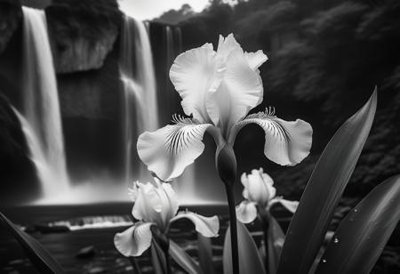 color versicolor iris amidst morning raindrops surrounding cascading waterfalls, captured in monochrome black and white, digital art, composition aligned with nature's golden ratio, intricate detail worthy of trending on ArtStation, 8K resolution, photorealistic concept, soft natural volumetric light achieving a cinematic ambience akin to chiaroscuro, an award-winning oil on canvas style digital painting reminiscent of masters