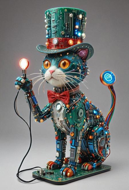 embedding:lazmpos, Transistors, pcb_style, LED, colorful LED lights, RGB lights, red green and blue cat, art deco, top hat, cane, monocle,RetroBG