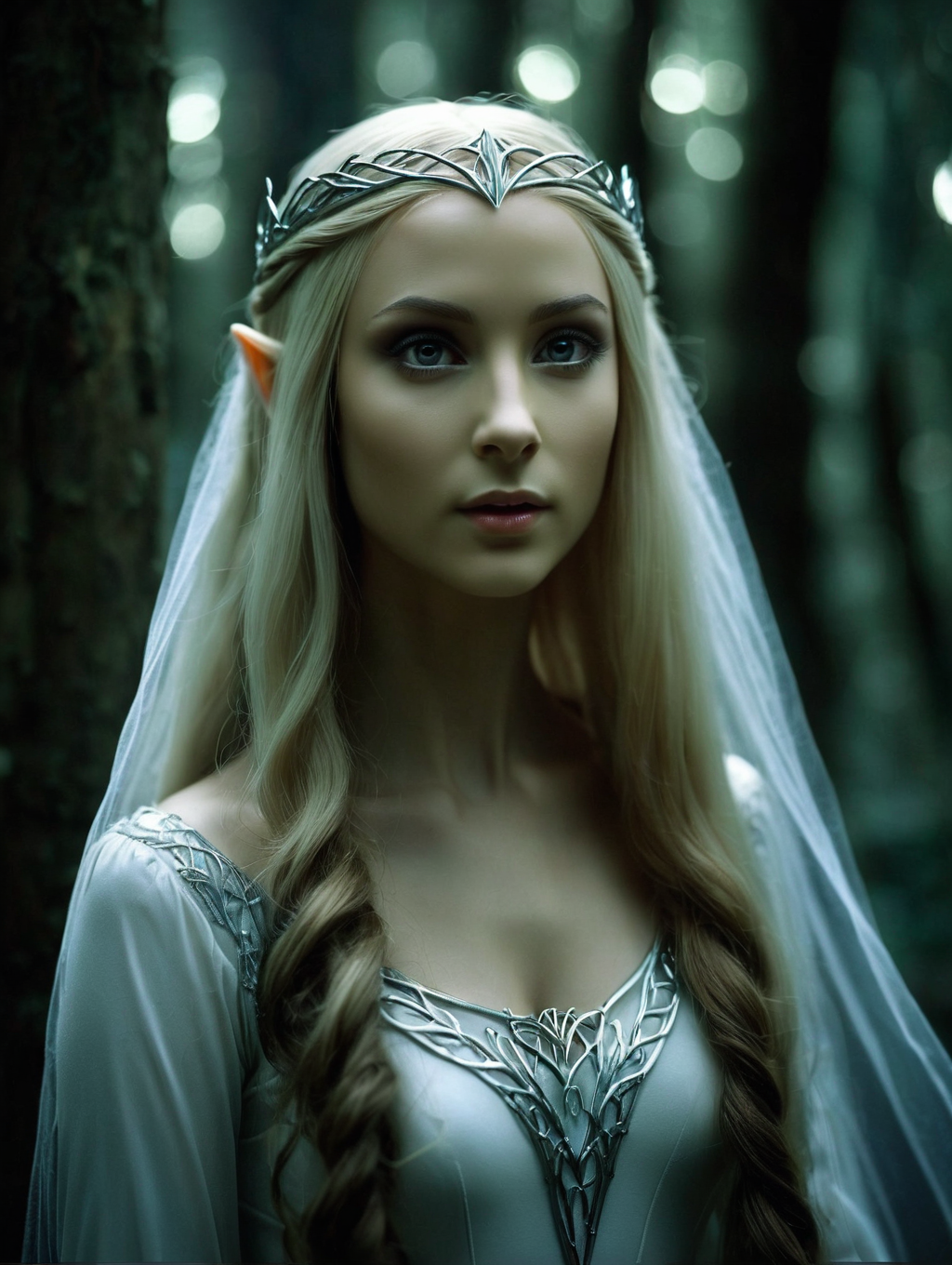 middle earth elven princess, young, beautiful, moonlight illumination, ghostly light, dark forest, night, cold light,