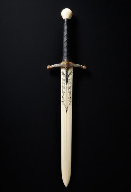 sword made out of, ebony, ivory, scrimshaw, bone carving, black background
