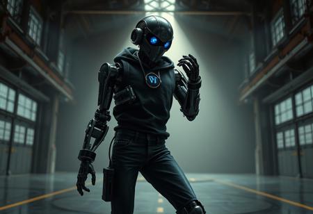 Create a high-resolution, hyper-realistic image of a Teslapunk robot. The robot should be positioned in a dark hangar, illuminated by a spotlight, and adopt an action pose. Incorporate gearwheels, glass elements, and volumetric lighting with caustics. The robot's attire should consist of jeans and a black hoodie. Apply tone mapping and film grain effect for an epic stock photo aesthetic. The image should resemble the style of Stephen Bliss, specifically his 'Tyrant' piece featured on Amiami. The output should be in 8K, with detailed post-processing and an Octane render.