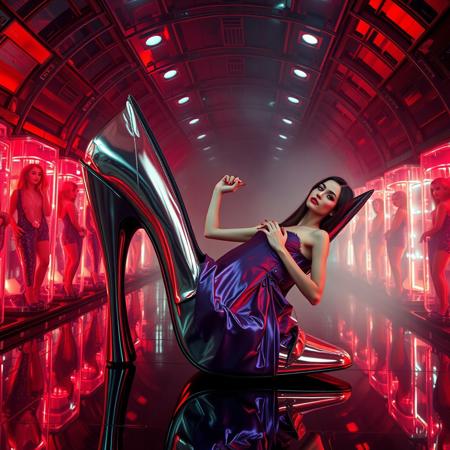tall slender elegant slavic femme fatal  lays in giant high heel foil shoe ,  under dimension portal to another galaxy , dressed in sexy glossy satin side slit 1920s nightgown ,  pefect legs in lace trim stockings and d'orsay high heels, small feets, alien spaceship chamber, surrounded by beauty models encased in  hi-tech stasis tubes at background,  fog, mirrors, hi-tech, sci-fi, scifi, mind control, steel, foil, hypno, romance,  lipstick, long hair, heavy makeup,  red nails, long hair, green eyes, sharp cheekbones, ultra thin waist , seductive, feminine, mysterious, alluring, red lasers
