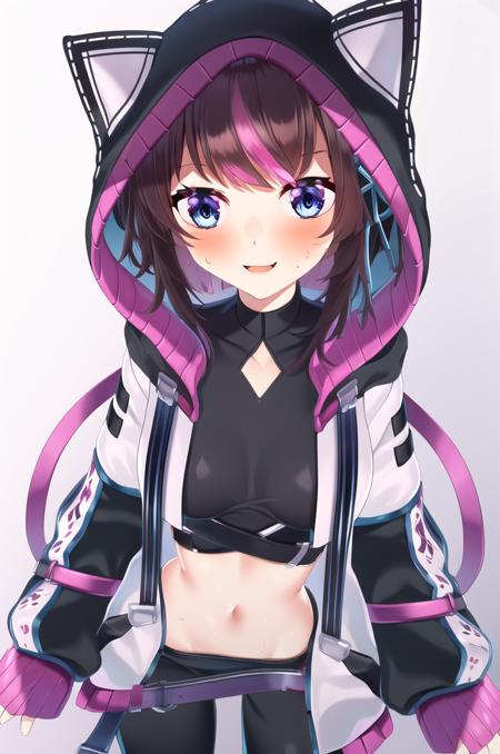 (masterpiece), high quality, 1girl, solo,
<lora:Soda-v1-03:1>, ChopioSoda, blue eyes, brown hair, short hair, hair ornament, streaked hair, hair ribbon, hairclip, pink hair tips, mole under eye, looking at viewer,
(outfit_1:1), hood, hood down, (white jacket:1.3), long sleeves, sleeves past wrists, puffy long sleeves, puffy sleeves, black shorts,
sweat,  <lora:sweat_lotion_v2:0.15>, medium breasts, hood up, fake animal ears, animal hood, cat hood, black crop top, clothing cutout, crop top, belt, midriff, open jacket,
seductive smile, simple background, two-tone background,